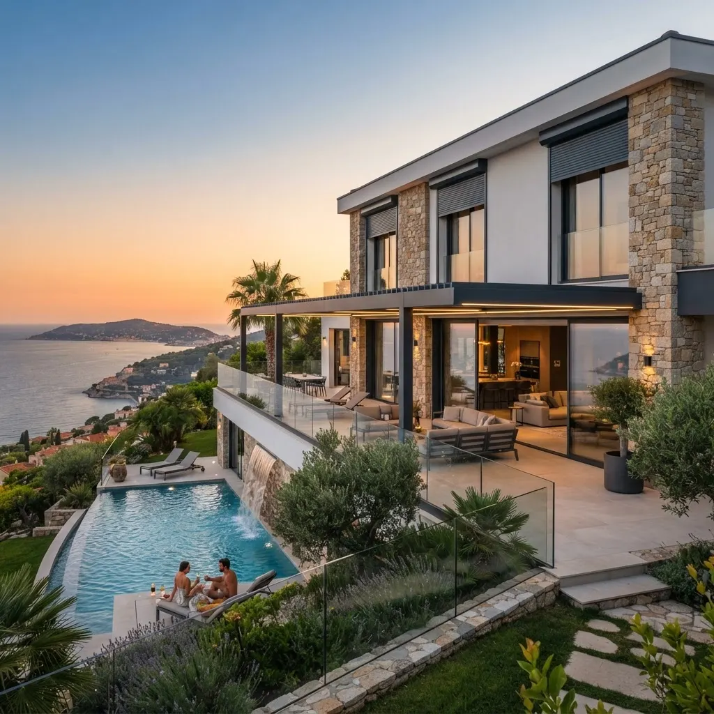 Villa moderne sur la Côte d'Azur équipée de grandes baies vitrées, d'une pergola bioclimatique et de volets roulants